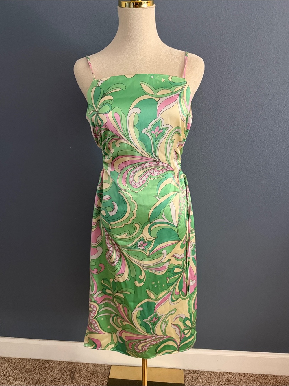 Green Paisley-Print Midi Slip Dress with Spaghetti Straps NWOT